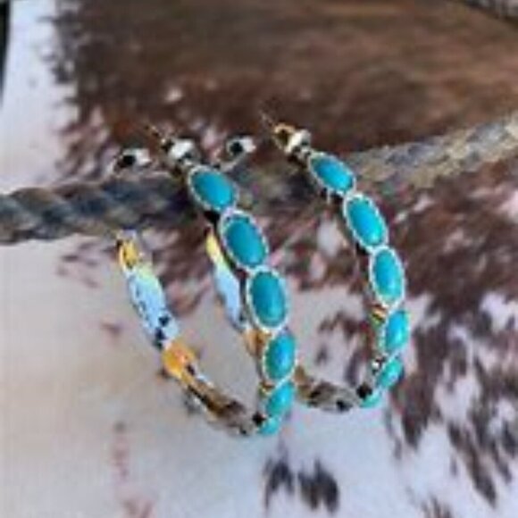 Southwestern Hoops silver Turquoise  earrings/Bohemian - Picture 1 of 6
